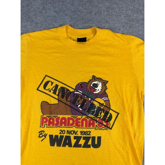 VINTAGE 80s Wazzu Pasadena Cancelled Shirt Womens Large Yellow Single Stitch Tee - Picture 4 of 8